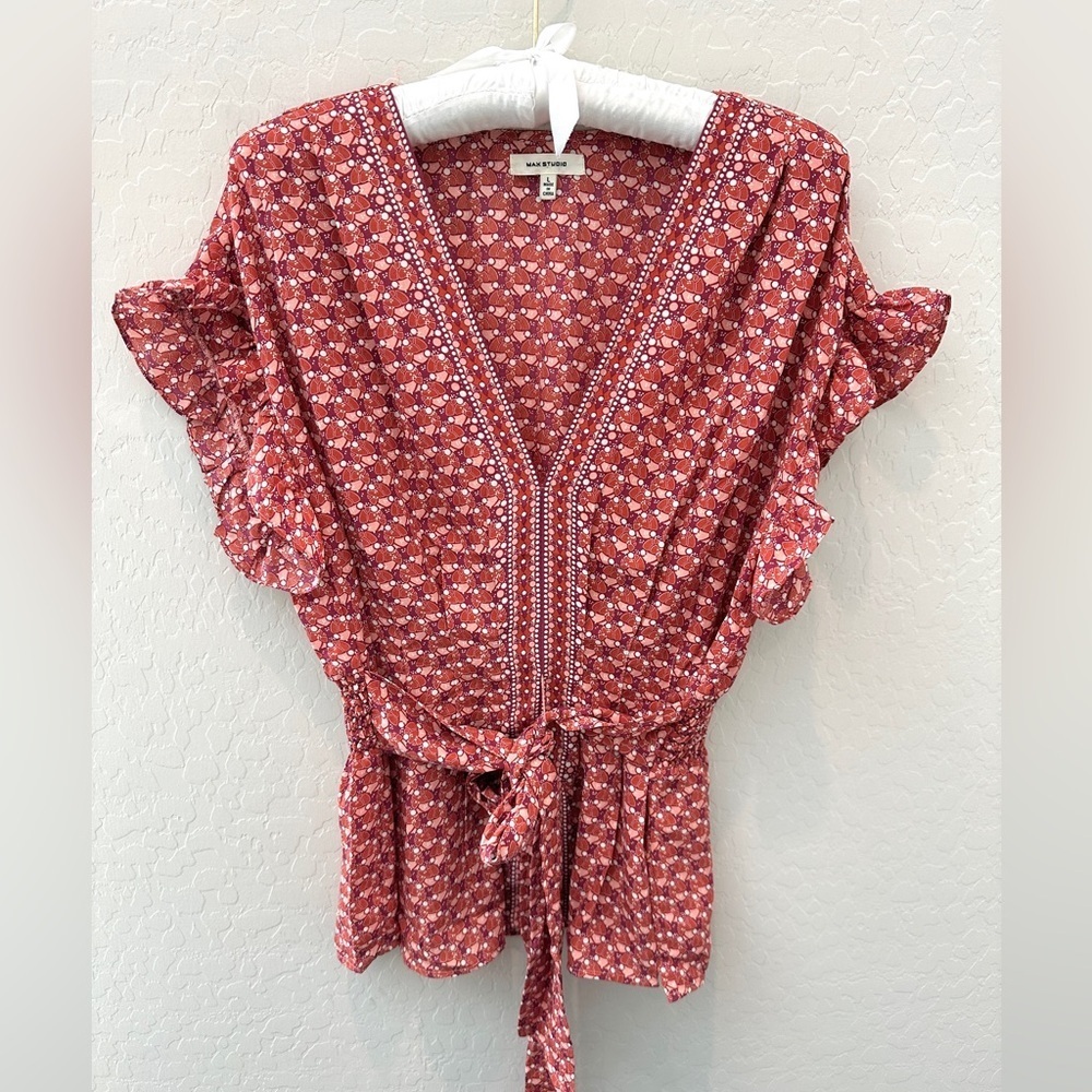 MAX STUDIO Red Geometric Print Ruffles Boho Waist Tie Peplum Blouse